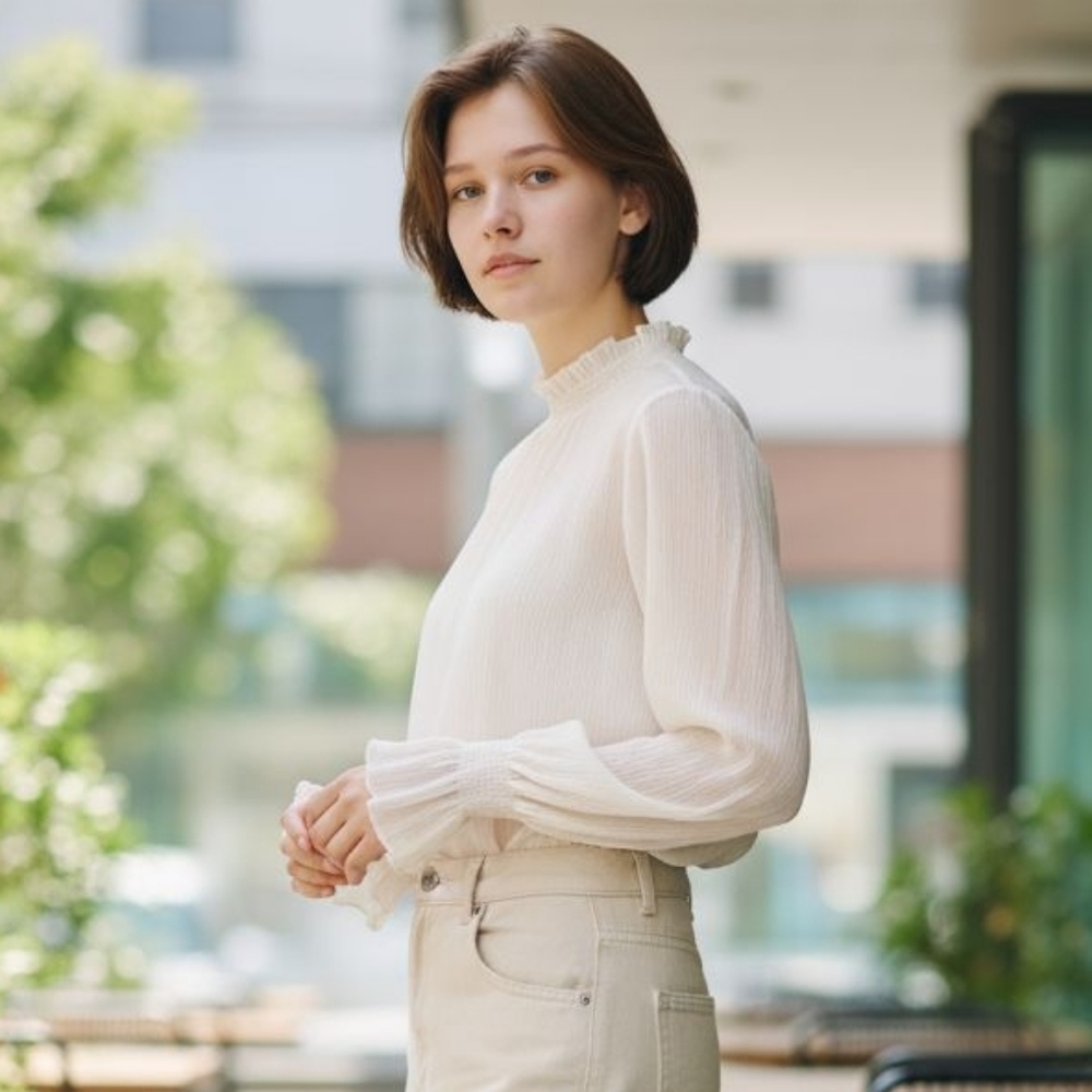 OAK + FORT Cream Blouse with Ruffled Neckline